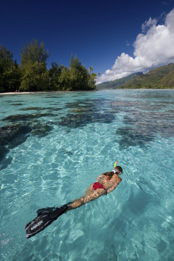 Snorkeler relaxes in a lagoon off of Moorea. The crystalline waters provide a good environment for